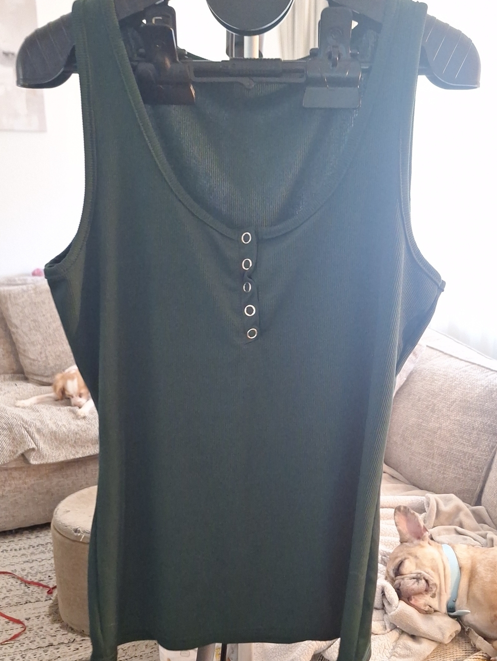 Source Unknown Dark Green Ribbed Tank with Eyelet Placket